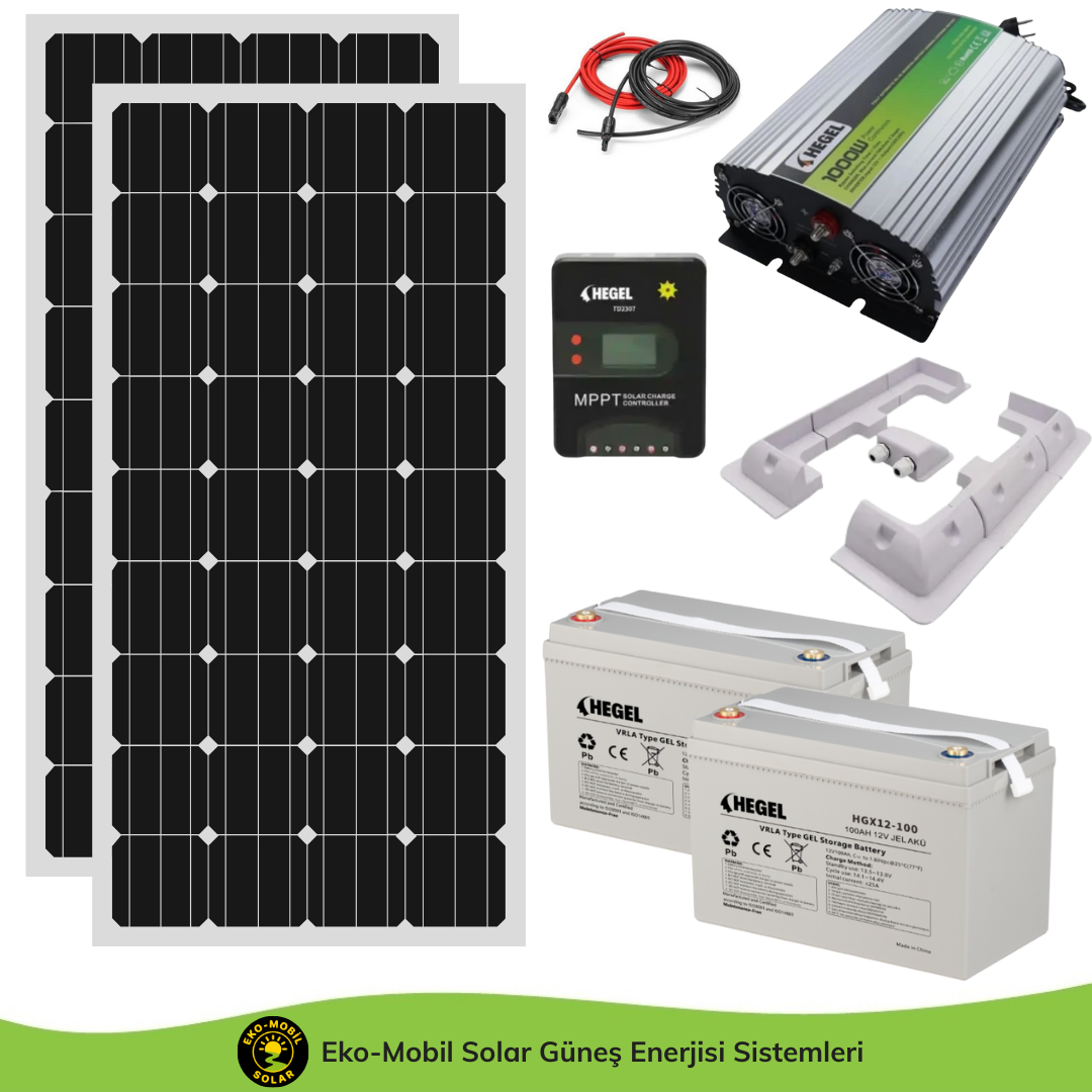 Karavan Hazır Solar Paket 1000W UPS 2x245W half-cut 2X100Ah JEL