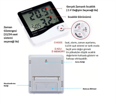 HTC-1 Saat Göstergeli Dijital Termometre Nem ve Isı Ölçer