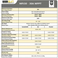 Mexxsun 30A MPPT Solar Şarj Kontrol Cihazı MPJ30 12/24V