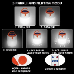 Kumandalı Solar Enerji ile Çalışan Kamp Lambası USB Giriş 5 Mod