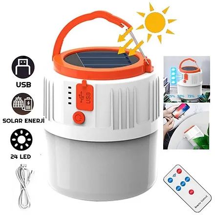 Kumandalı Solar Enerji ile Çalışan Kamp Lambası USB Giriş 5 Mod