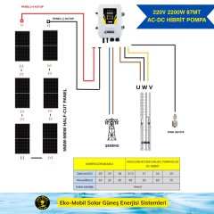220V 87 Metre DC-AC Hibrit Solar Dalgıç Pompa Sistemi | 2200W | 6 Panelli | Hegel Sürücülü Komple Set