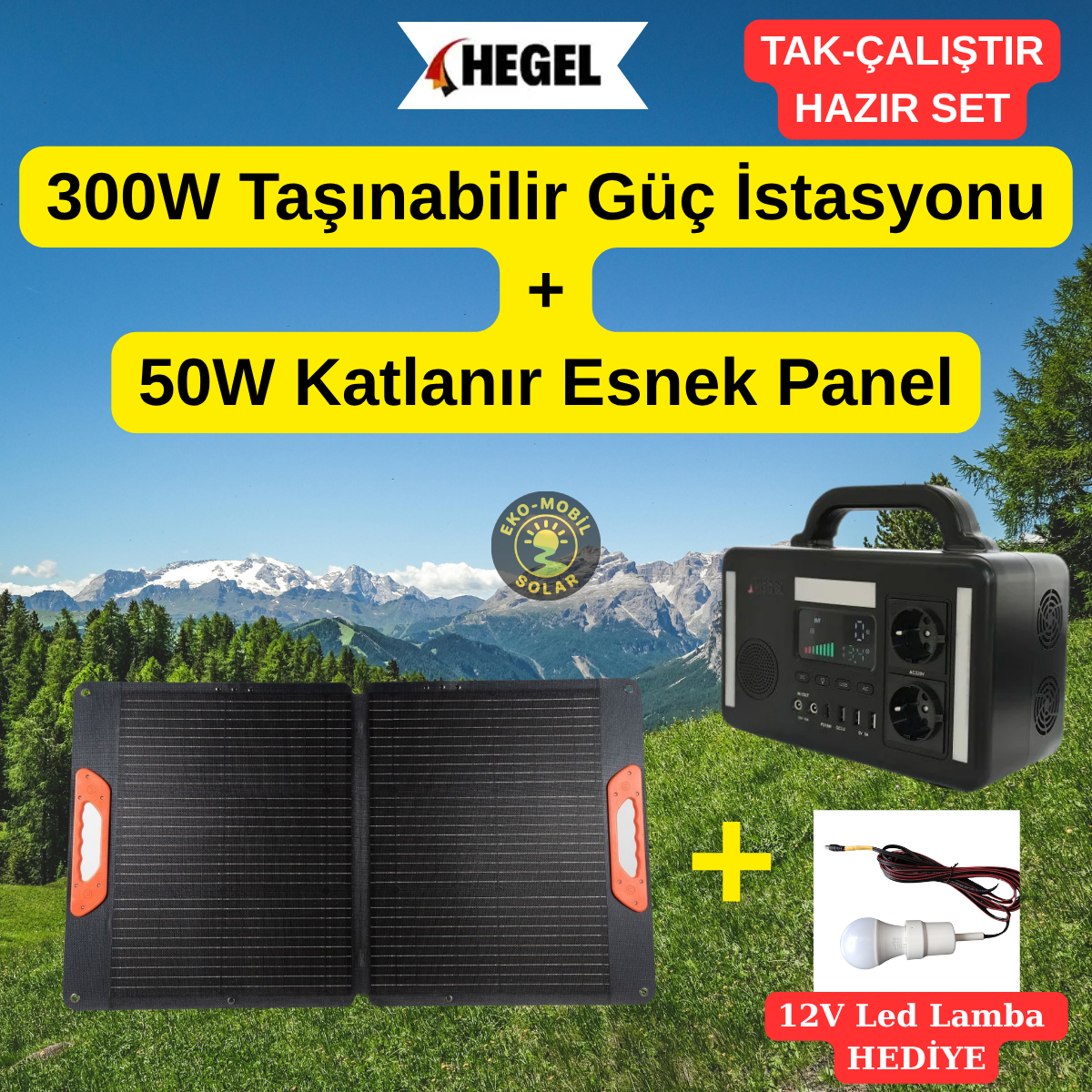 Hegel 300W Lityum Taşınabilir Güç Kaynağı + 50W Katlanır Güneş Paneli Seti