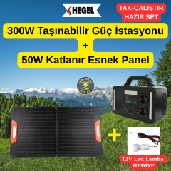 Hegel 300W Lityum Taşınabilir Güç Kaynağı + 50W Katlanır Güneş Paneli Seti
