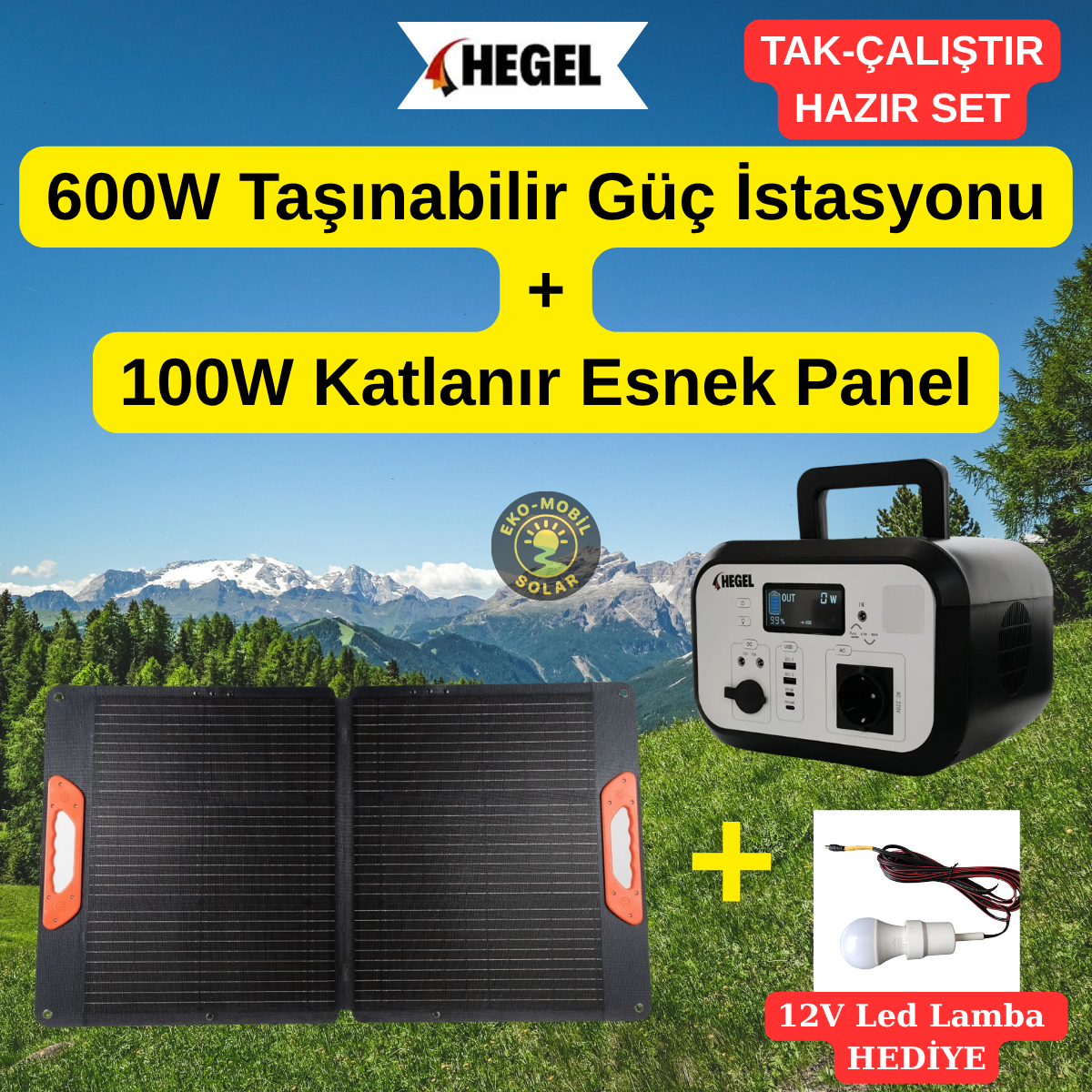 Hegel 600W Lityum Taşınabilir Güç Kaynağı + 100W Katlanabilir Güneş Paneli Seti (Hediye LED Ampul Setli)