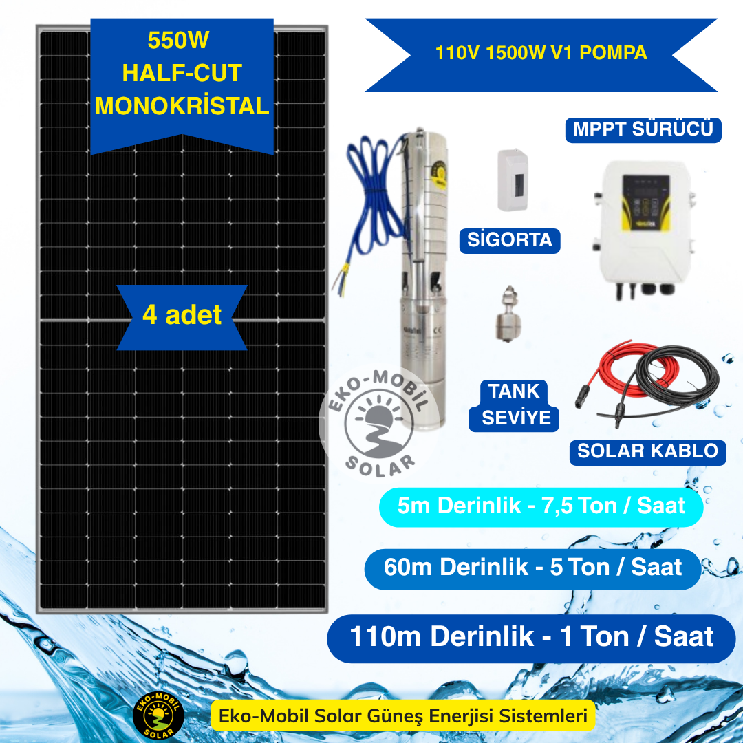 110 Volt DC Solar Pompa Paketi (max 115mt/7.5 ton)