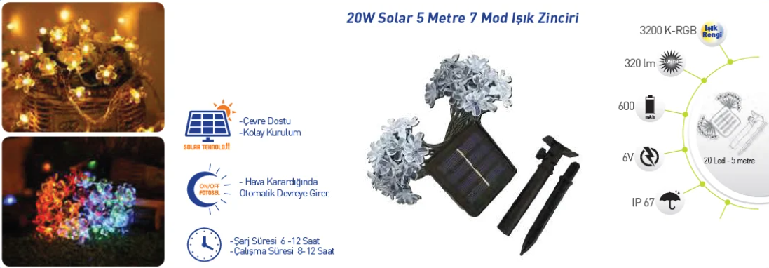Forlife FL-3258 R 20W Rgb Solar 5 Metre 7 Mod Işık Zinciri